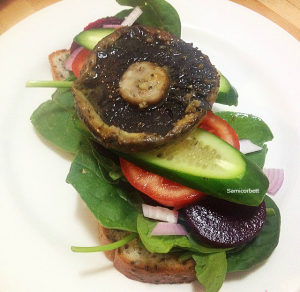 WHO LOVES A HOMEMADE BURGER!?? I Know I sure do!! I was craving a burger so bad... so I made a healthy alternative - Gluten & Dairy Free and of course Vegetarian!!  I Toasted Soy and Linseed Gluten free bread and topped with Baby Spinach, Red Onion, Beetroot, Tomato, Cucumber and a BIG, FAT, JUICY mushroom cooked in garlic and Dairy free Butter. DELISH!!!  